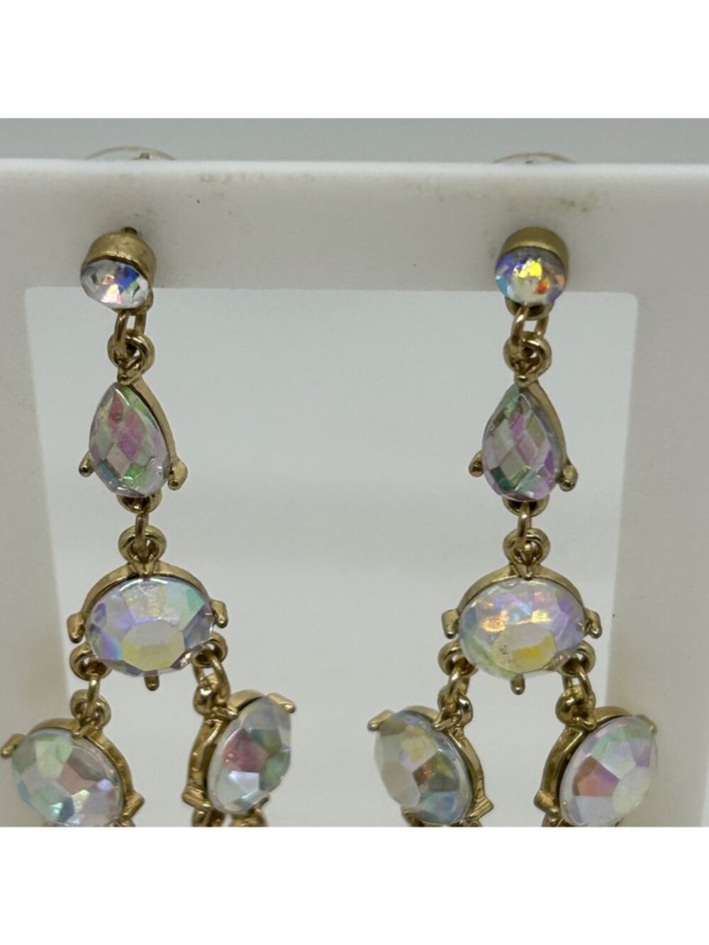 Vintage Gold Tone Aurora Borealis Earrings Acrylic Rhinestone Chandelier Dangle - Picture 5 of 10